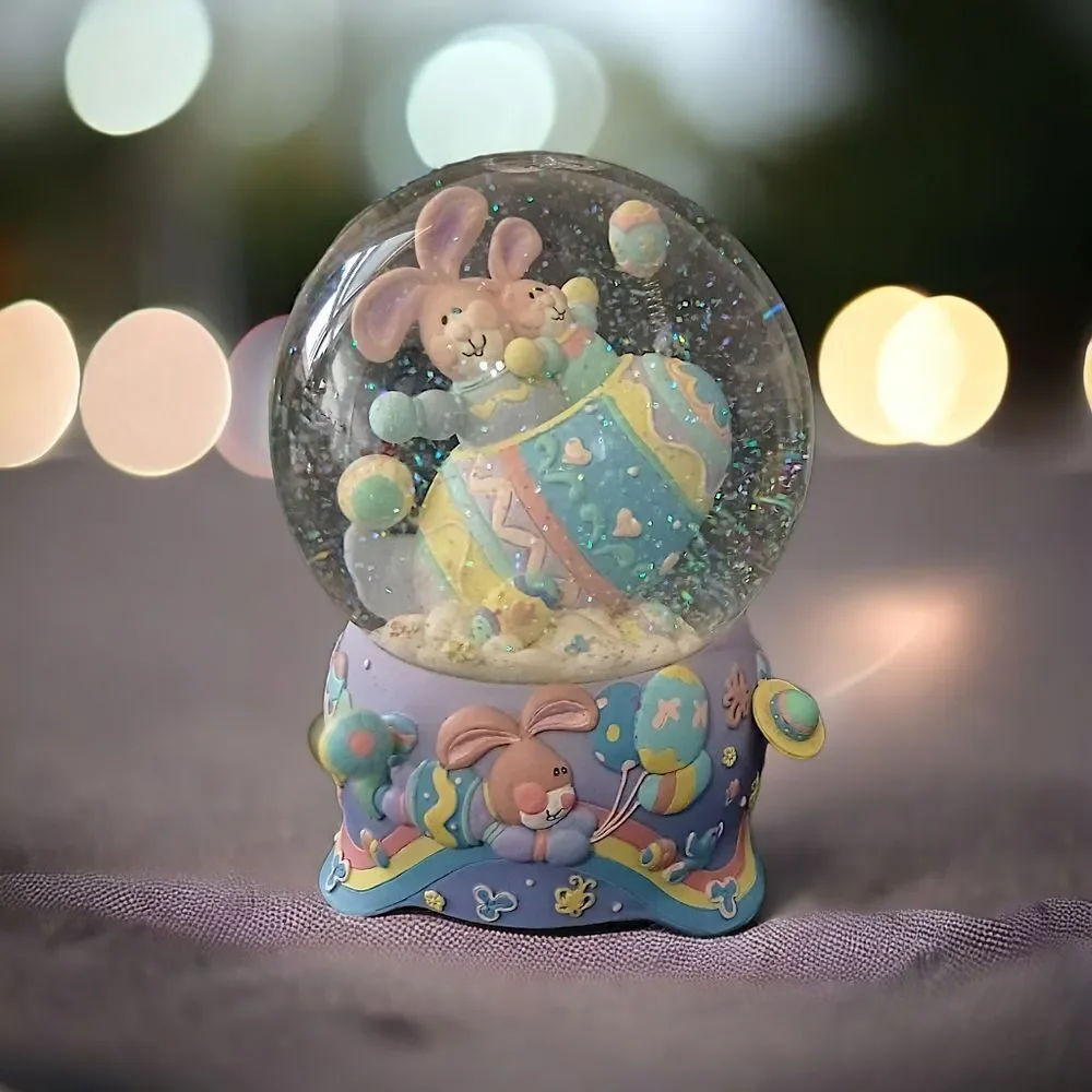 Easter Snow Globe Music Box Musical Bunny VIDEO Pastel Balloons Eggs Vintage 90s
